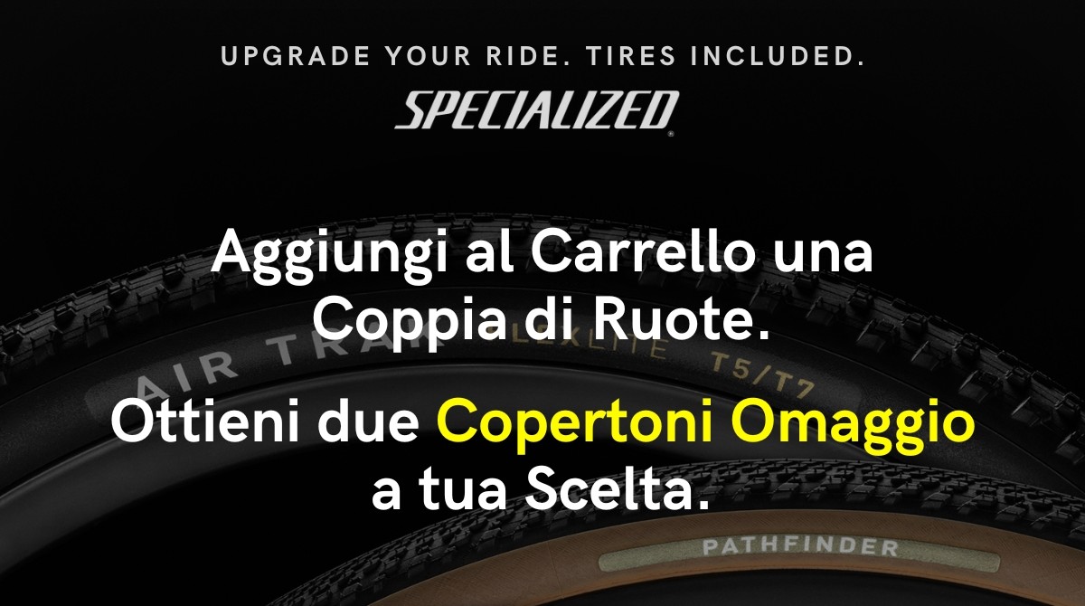 Promotional banner with Specialized logo over stacked bike tyres, text: add a pair of wheels to cart and get two free tyres of your choice