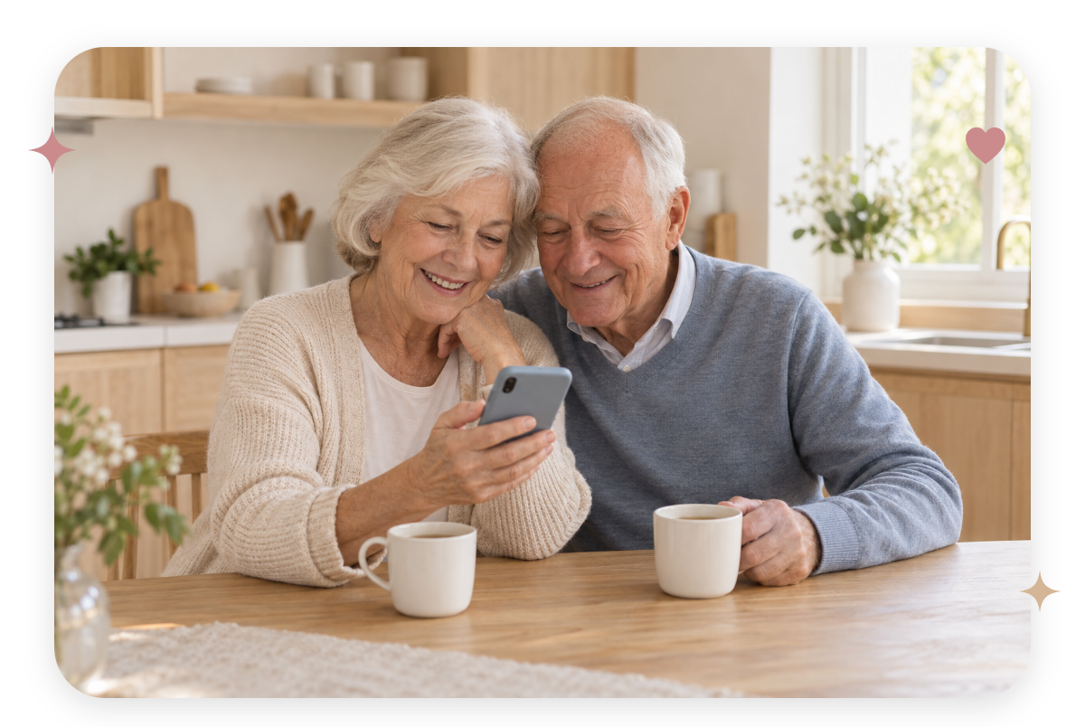 Due nonni al tavolo della cucina guardano sorridendo un messaggio sul telefono