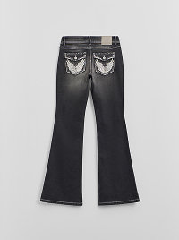 Jeans neri a zampa con ali decorative sulle tasche posteriori.