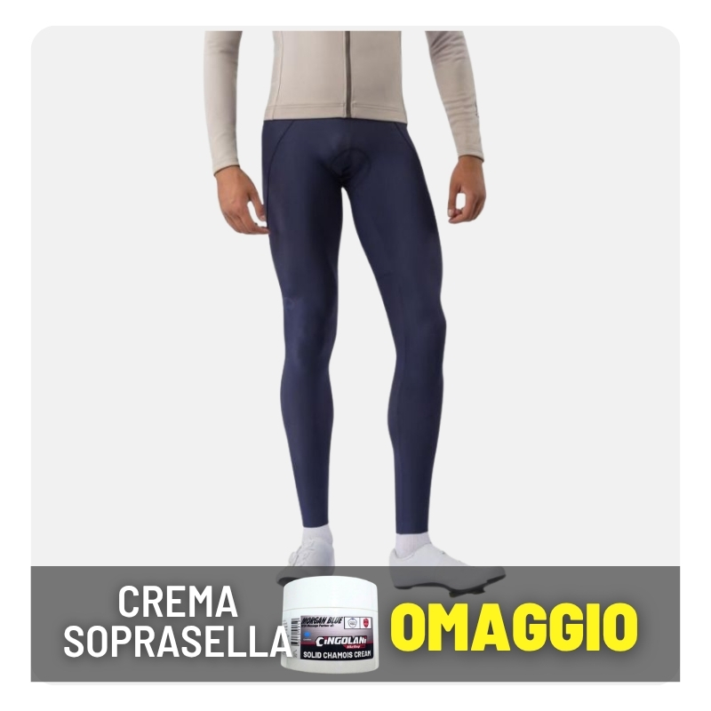 Lower body modelling navy cycling tights with white socks; promotional banner shows chamois cream pot and 'Crema Soprasella Omaggio'.