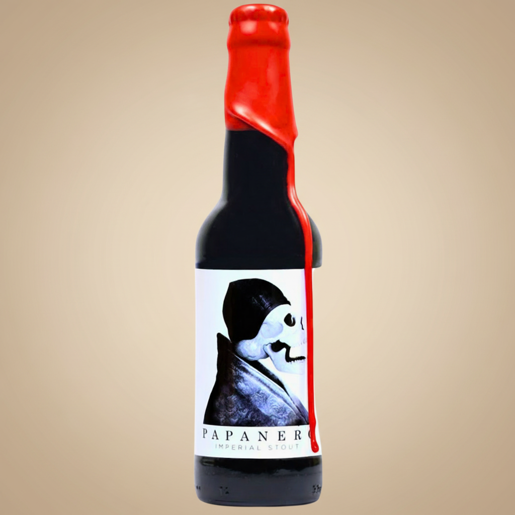 Bottle of Papanero Imperial Stout with a skull graphic and red wax seal.