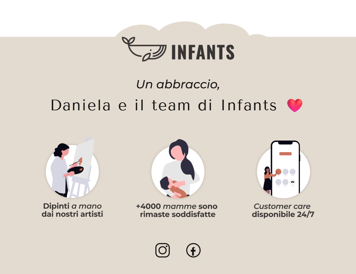 Un abbraccio, Daniela e il team di Infants. Dipinti a mano dai nostri artisti. +4000 mamme sono rimaste soddisfatte. Customer care disponibile 24/7. Seguici su Instagram e Facebook
