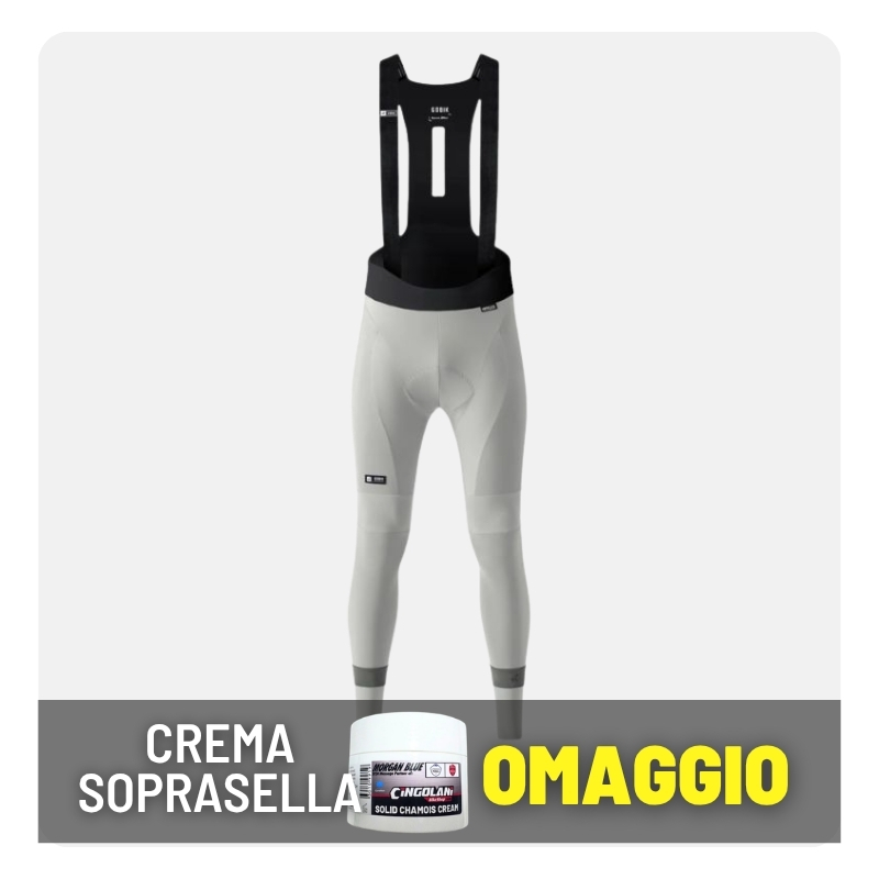 Men's light grey cycling bib tights with black straps on white background, banner showing jar of chamois cream labelled 'Crema Soprasella' and 'Omaggio'