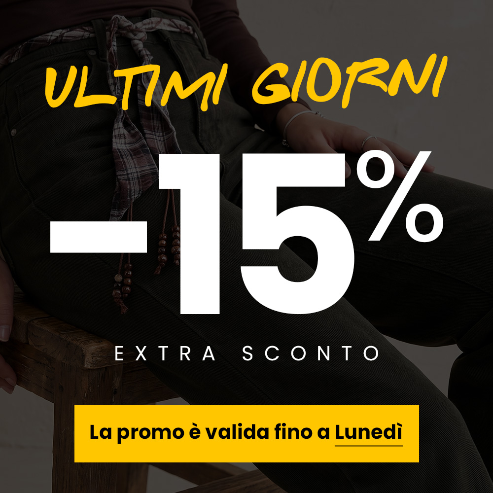 Promotional banner with person seated on a wooden stool and large text: 'Last days -15% extra discount, offer valid until Monday'
