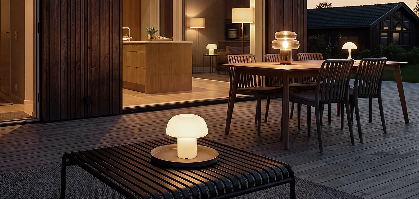 Terrazza in legno all'aperto con tavolo e sedie, lampade moderne illuminate sul tavolo e sul tavolino, adiacente a una casa al crepuscolo.