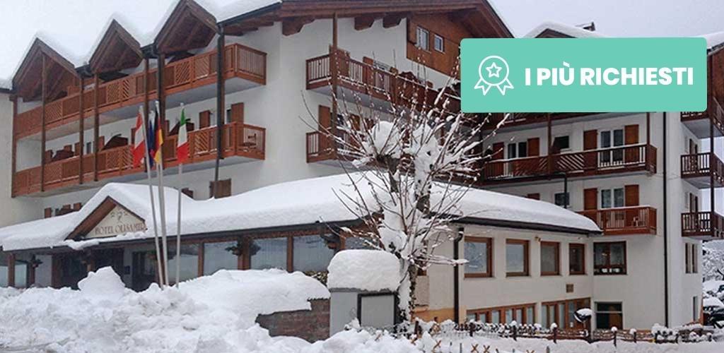 Snow-covered alpine hotel with wooden balconies, flags by the entrance and a snow-laden tree in the foreground