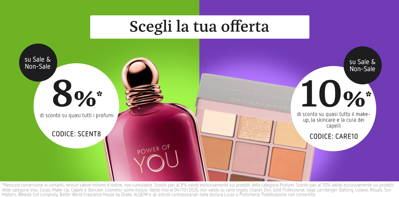 Banner in due parti “Pick your Beauty Deal”: A sinistra, un flacone di profumo e l’8% di sconto (codice SCENT8); a destra, una palette ombretti e il 10% di sconto (codice CARE10).