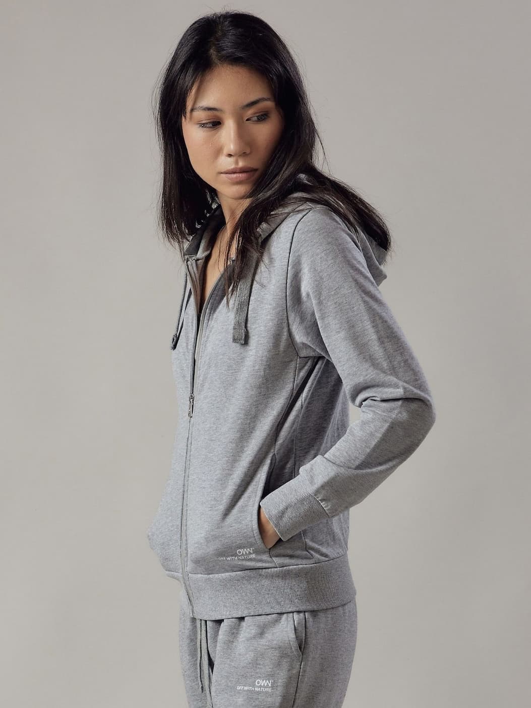 Felpa con Cappuccio e Zip Grigio Chiaro Melange