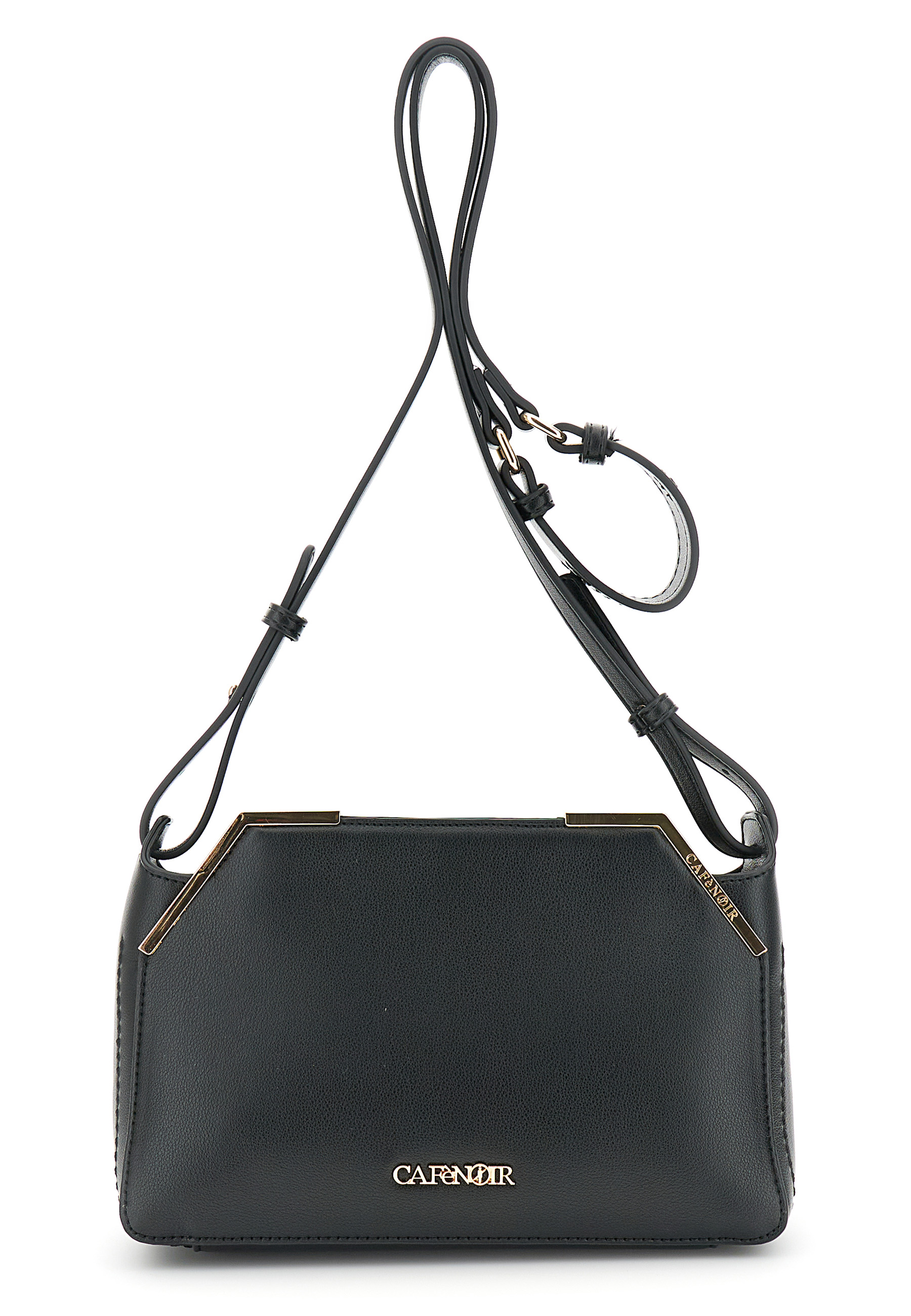 Image of borsa a tracolla effetto pelle con angoli in metallo nero