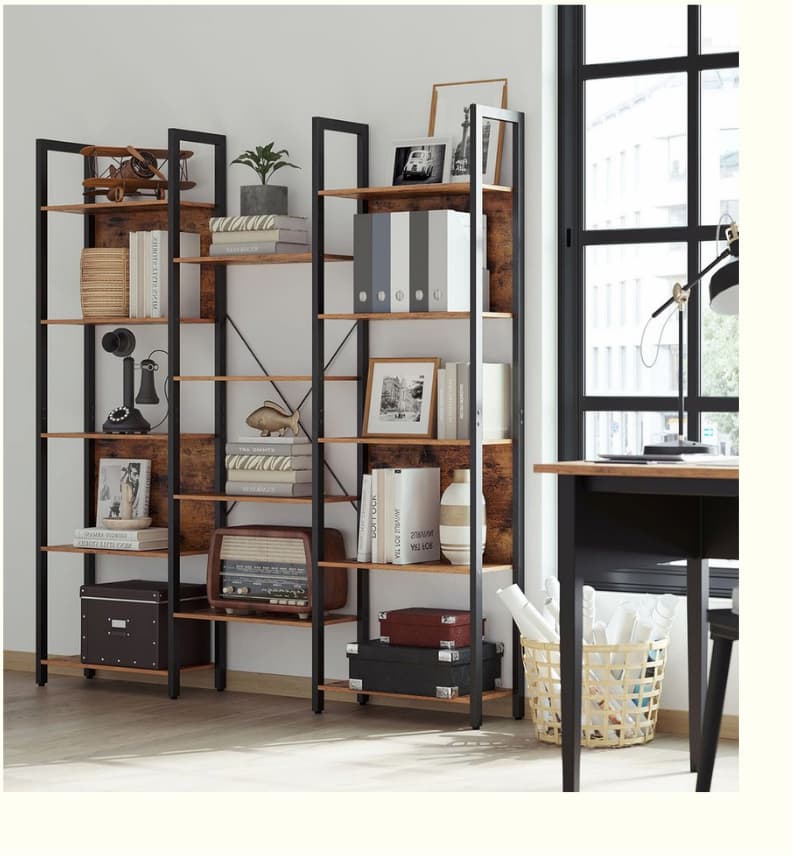 Libreria Scaffale Portaoggetti con 14 Ripiani in Metallo Marrone Vintage e Nero