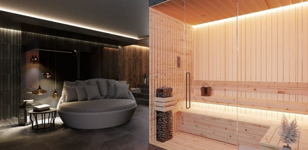 Modern spa interior with a round cushioned lounge, glass-partitioned wooden sauna, warm ambient lighting and side table