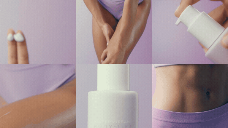 A woman holds a bottle of Samatoline Body-Lift cream against her hip, advertising a 30% discount.