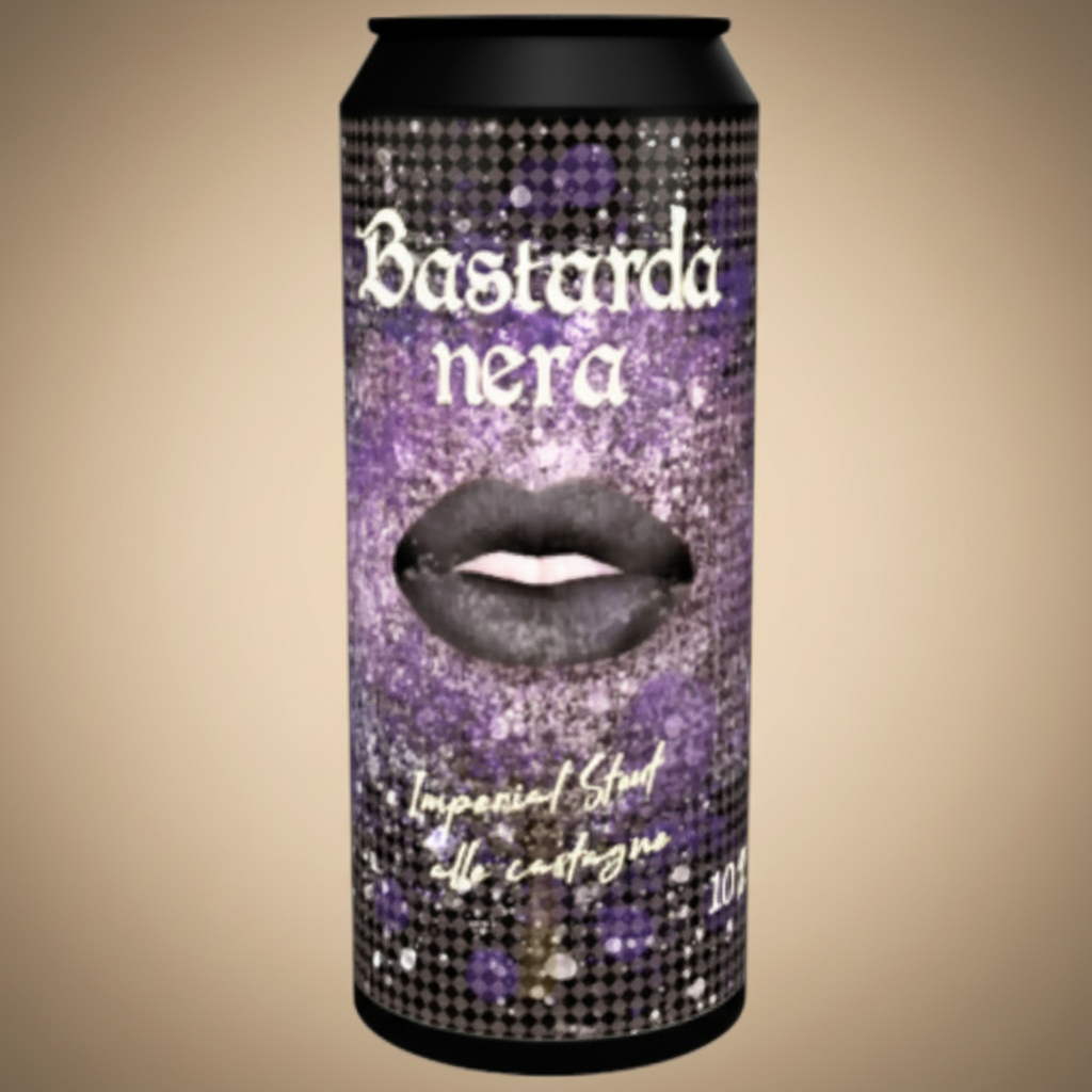 A can of "Bastarda Nera" Imperial Stout with a black lips graphic and purple glitter.