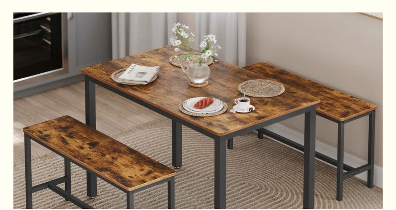 Set di 3 Pezzi Tavolino da Pranzo con 2 Panche Marrone Vintage e Nero