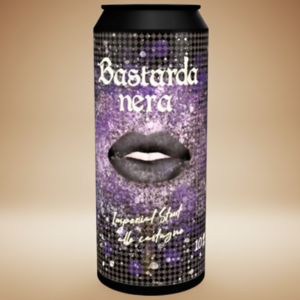 A can of "Bastarda nera" imperial stout with a black lips graphic and purple glitter.