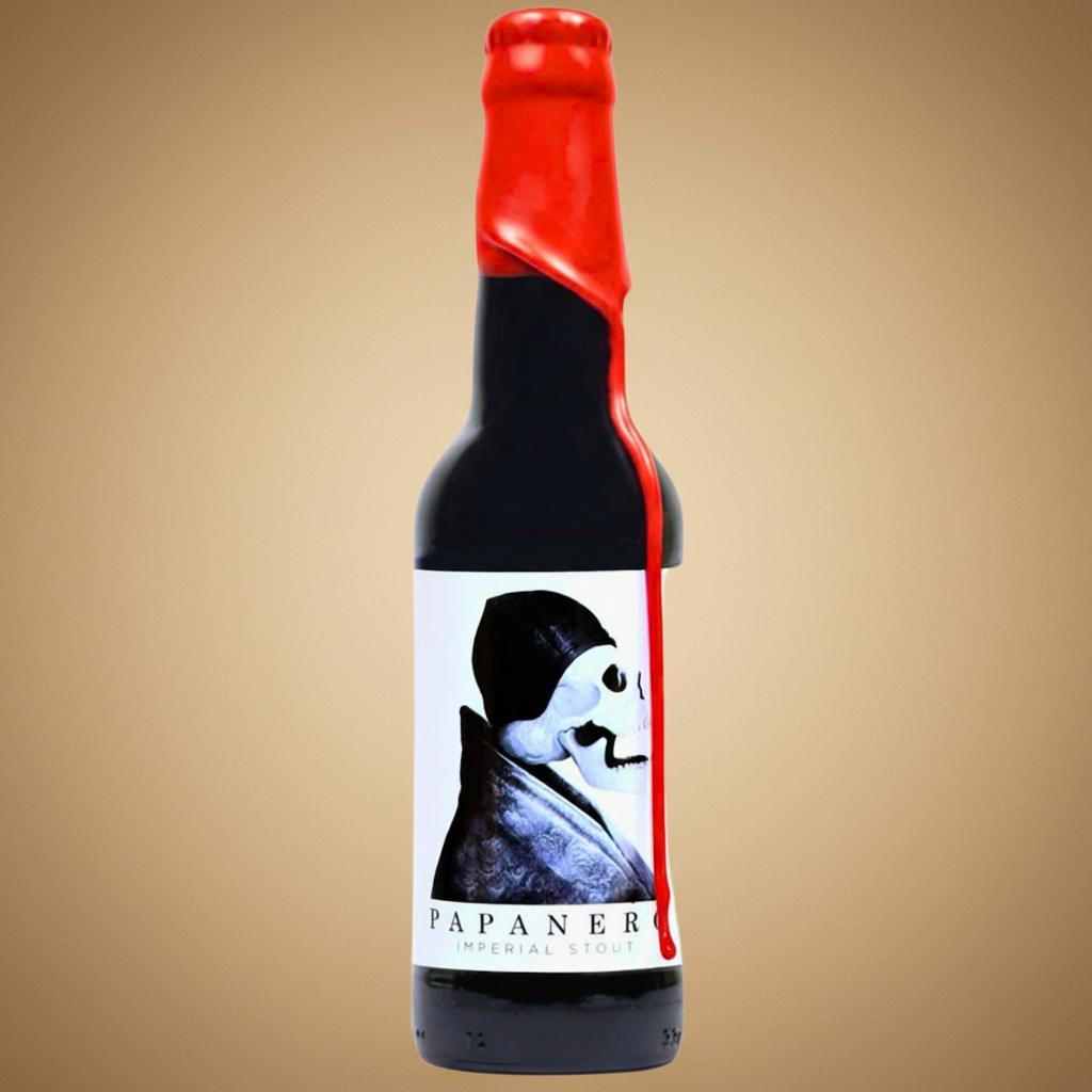 A bottle of Papanero Imperial Stout with a skull label and red wax seal.