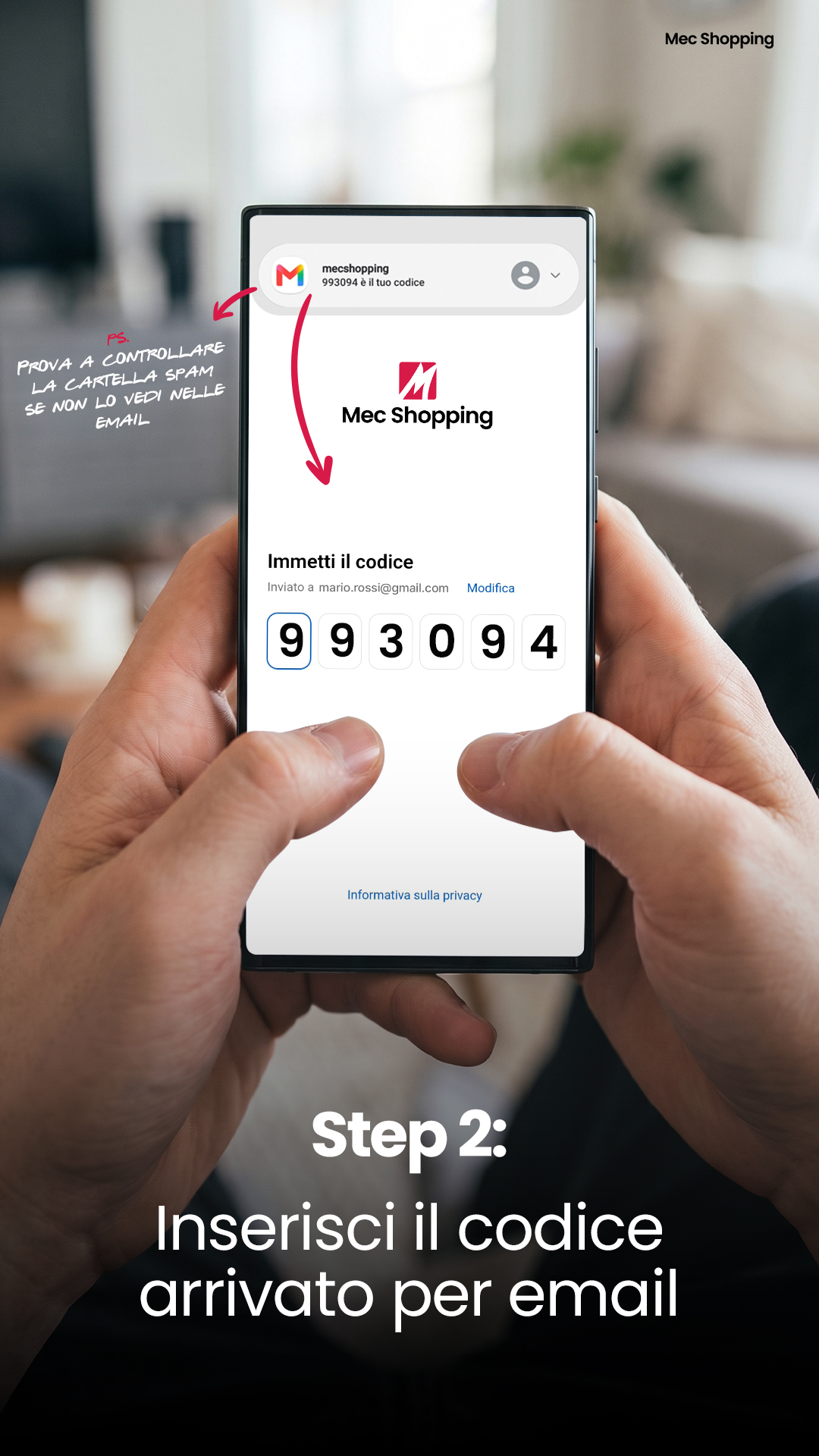 Hands holding smartphone showing Mec Shopping verification screen with six-digit code and prompt to enter code received by email