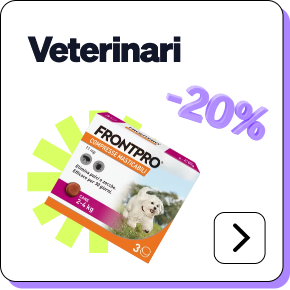 FRONTPRO chewable flea and tick tablets for small dogs 2–4 kg, pack of 3 with white dog image and purple “-20%” discount badge