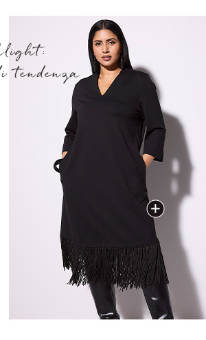 Abito midi elegante con frange e colletto a coppa