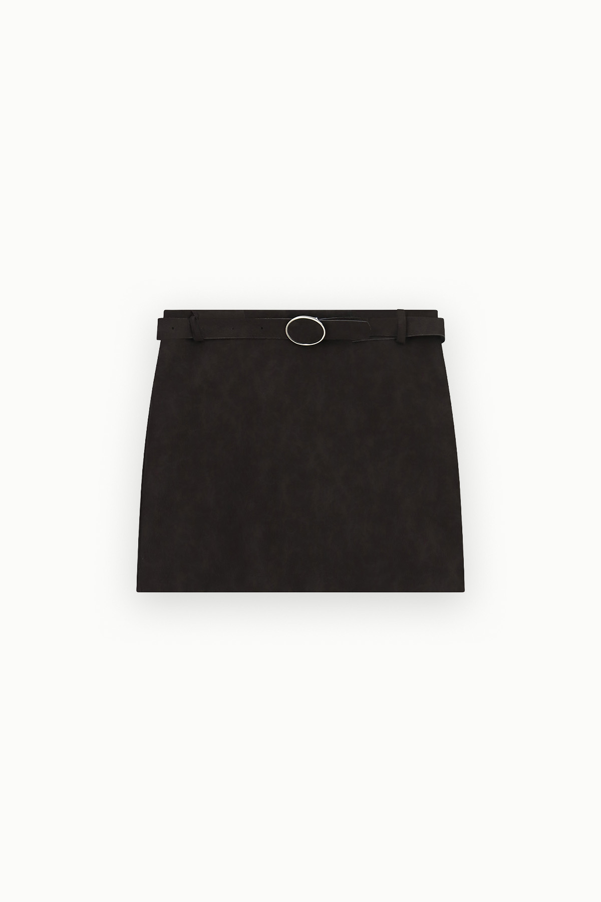 Black suede mini skirt with slim belt and oval silver buckle, flat-lay on white background