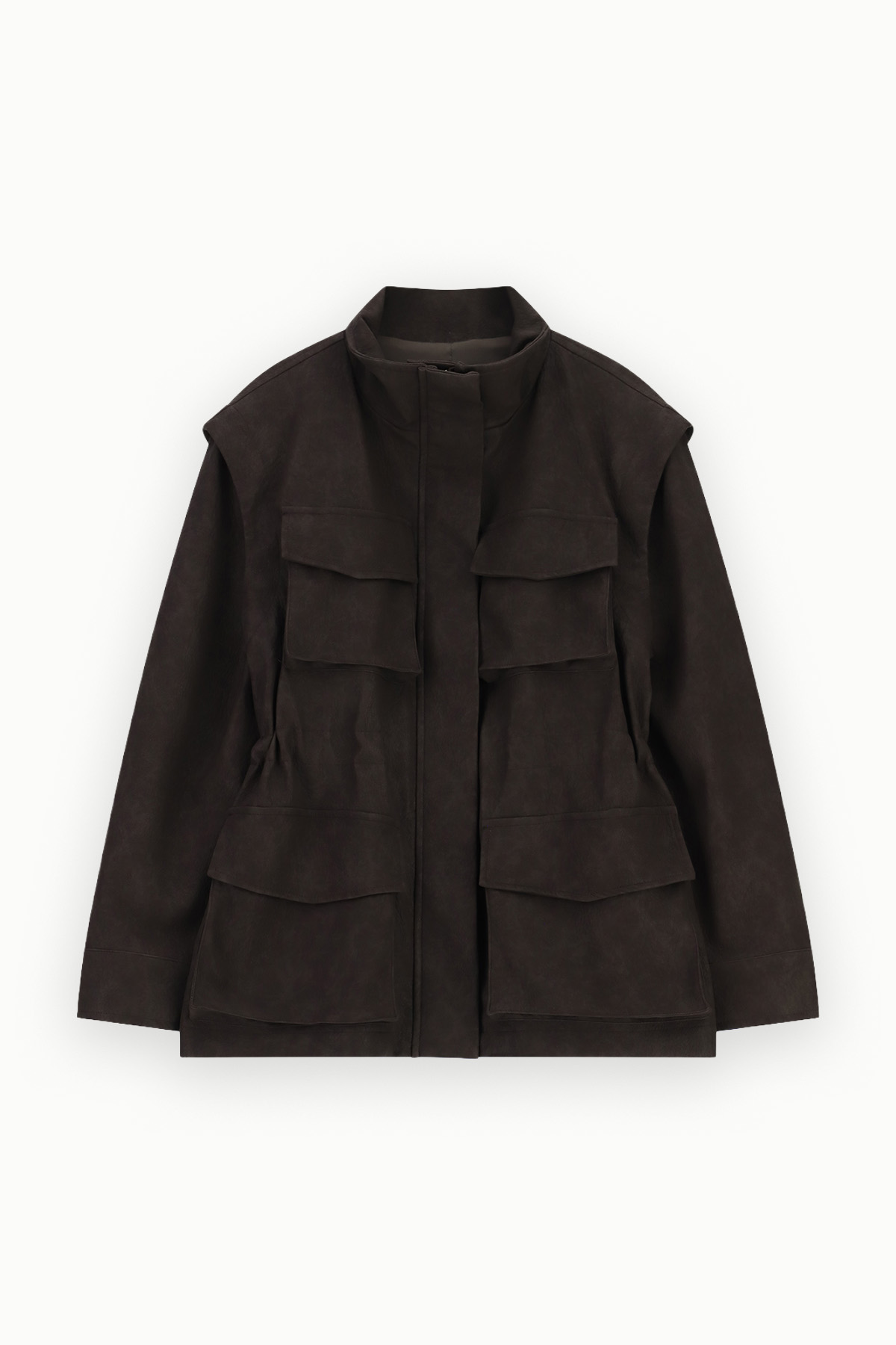 Dark brown suede utility jacket with high collar, four flap pockets and full-length sleeves, flat-lay on white background