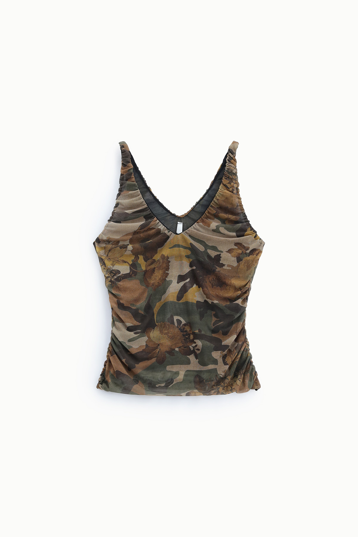 Women's camo floral V-neck sleeveless vest top with ruched sides on white background