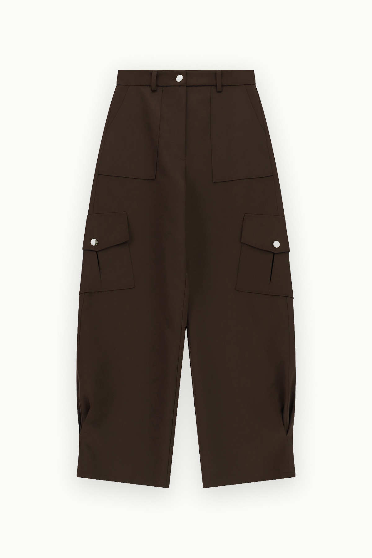 Dark brown high-waist wide-leg cargo trousers with belt loops, flap pockets and silver snap-button details