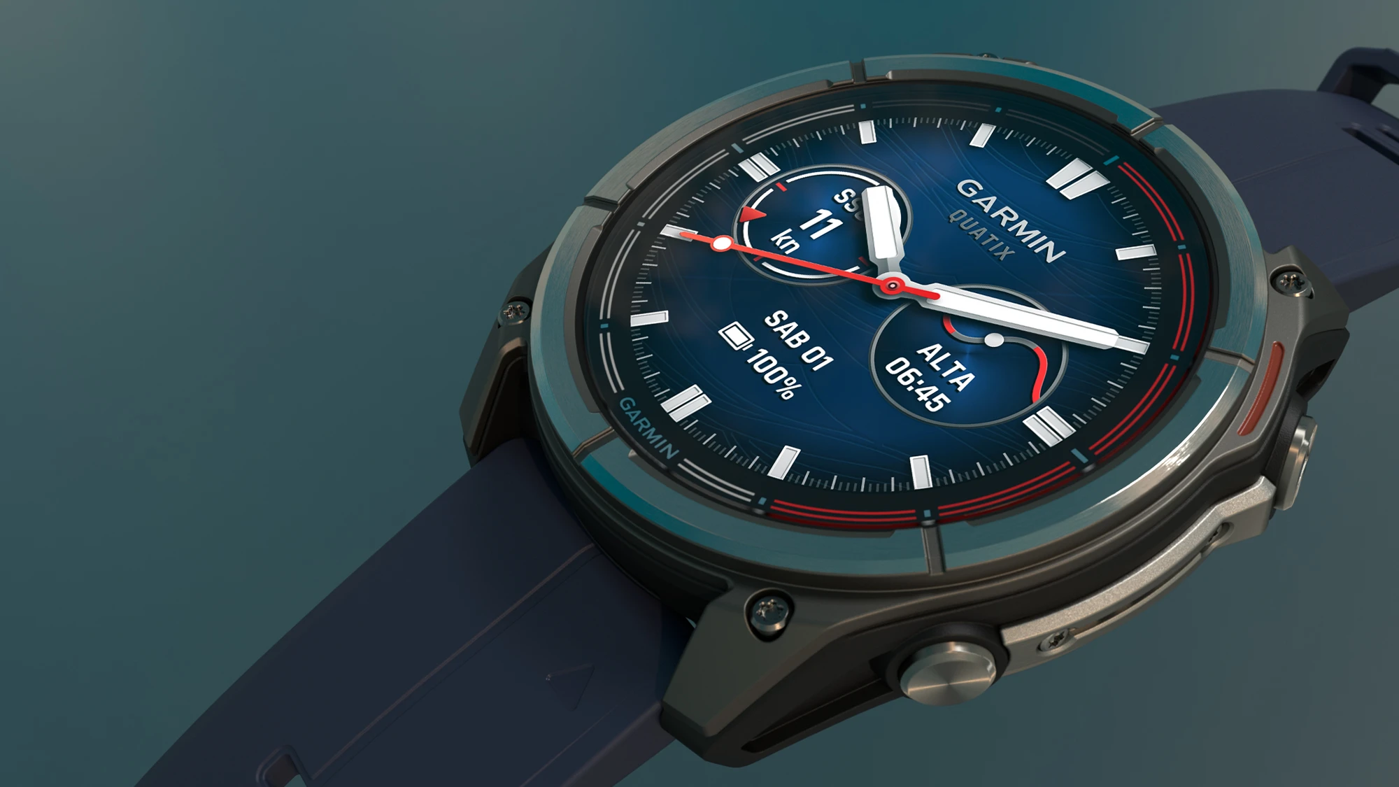 Primo piano del Garmin Quatix 8: ghiera in titanio e schermo AMOLED