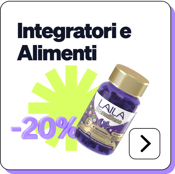 Purple Laila DomiBene melatonin supplement bottle with 20% off graphic and 'Integratori e Alimenti' heading