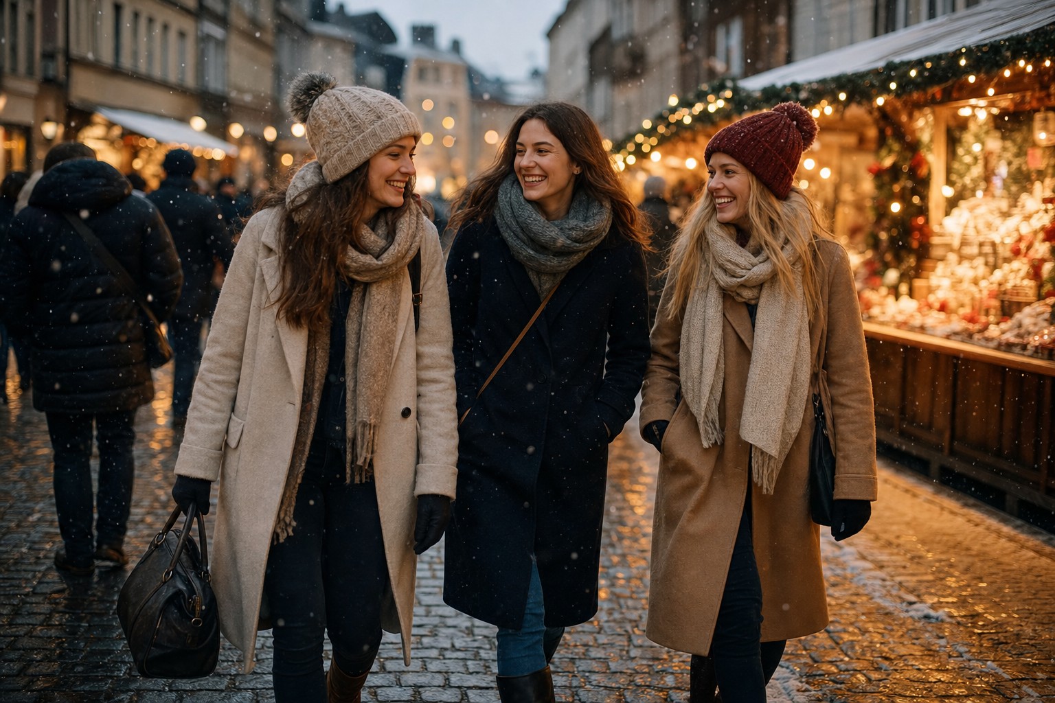 Tre amiche che passeggiano in un mercatino di Natale innevato