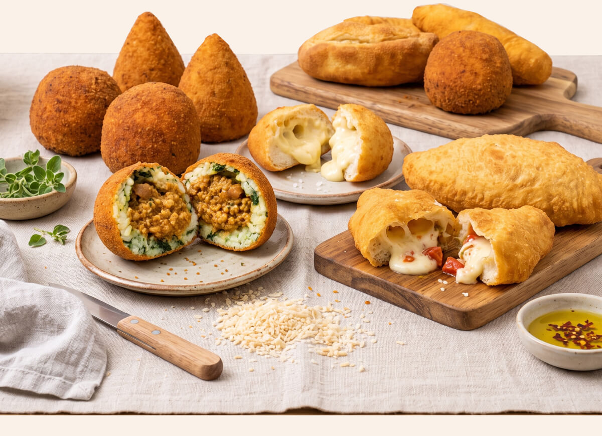 Assortimento di stuzzichini fritti e al forno serviti su piatti.