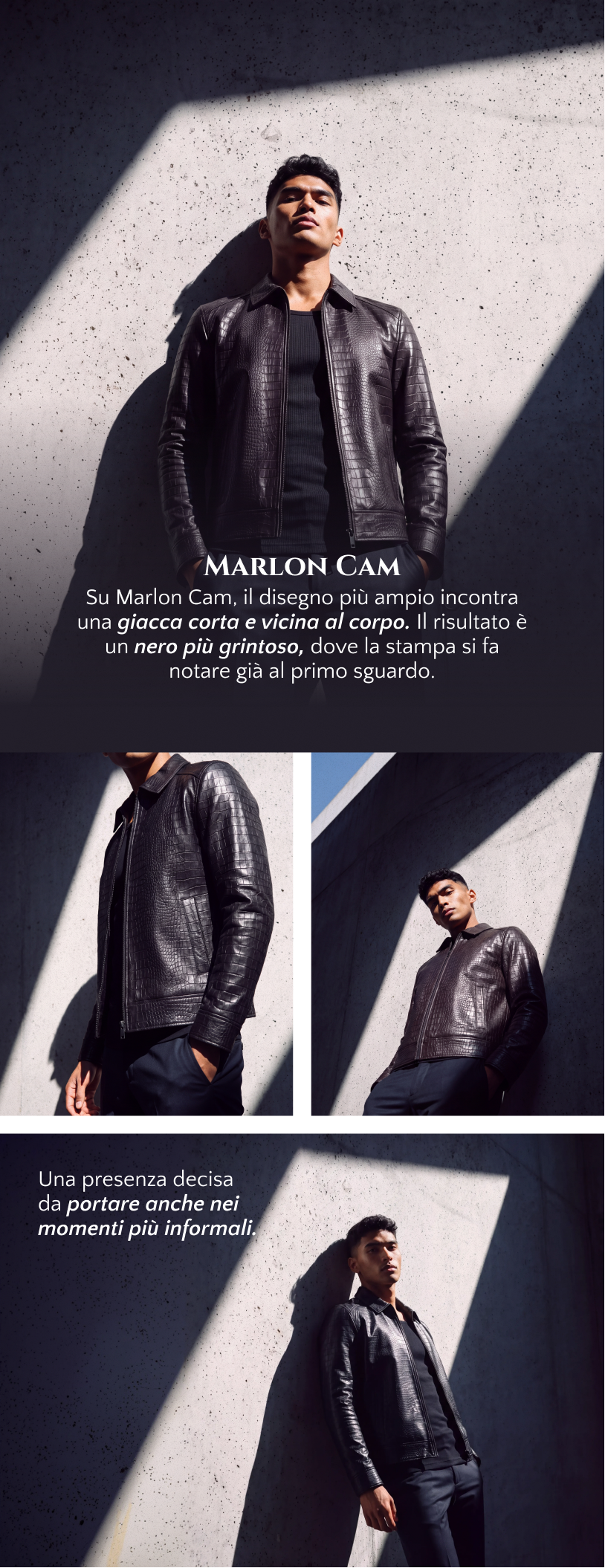 Marlon Cam: giacca corta in pelle nera stampa cocco, vista indossata e dettagli.