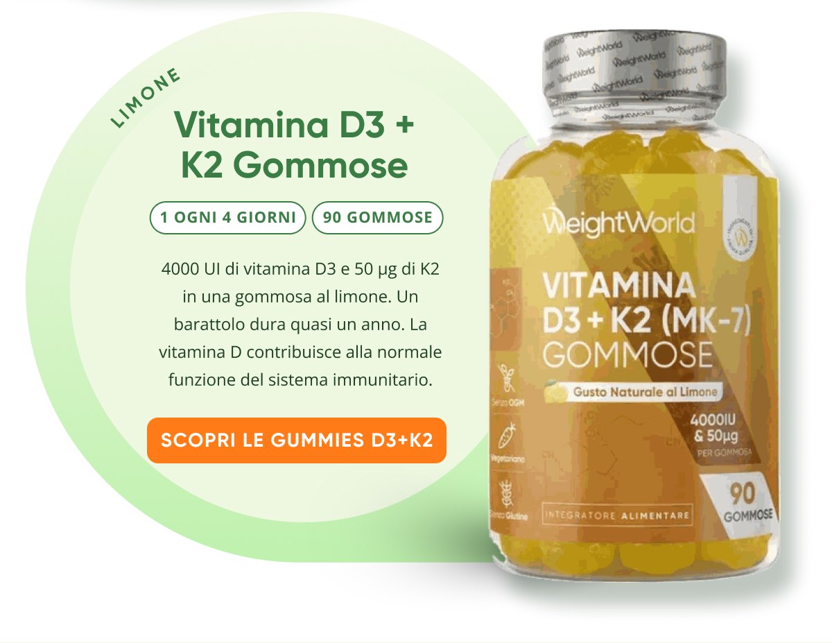 Vitamina D3 + K2 Gommose 1 ogni 4 giorni 90 gommose 4000 UI di vitamina D3 e 50 µg di K2 in una gomma al limone. Un barattolo dura 90 giorni.