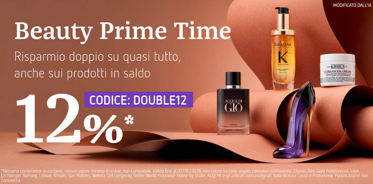 12% di sconto su quasi tutti i prodotti beauty, anche su quelli scontati. Codice: DOUBLE12. Offerta valida fino al 07/10/2026.