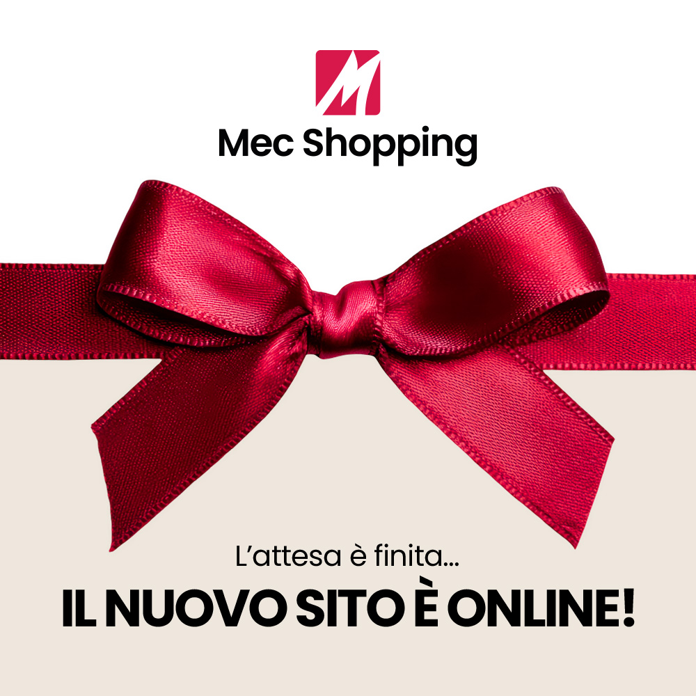 Mec Shopping logo above a red satin gift bow with text announcing the new website is online