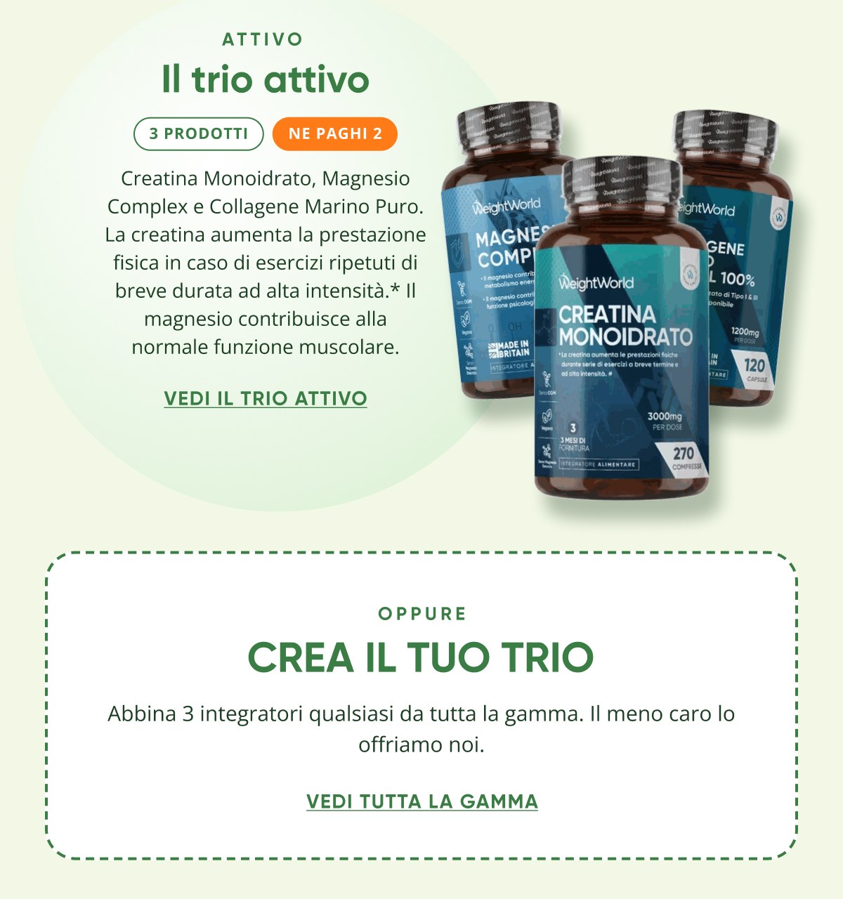 Il trio attivo 3 prodotti 3 prodotti non paghi 2 Creatina Monoidrato, Magnesio Complesso e Collagene Marino Puro.