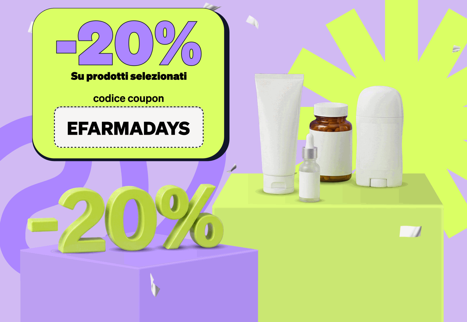 Promotional banner with repeated neon green and purple panels showing -20% off selected products, coupon code EFARMADAYS, skincare and supplement bottles