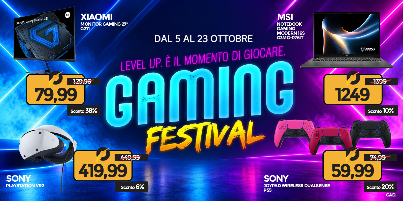 Neon Gaming Festival promo banner with Xiaomi monitor, MSI laptop, Sony PS VR2 headset and PS5 DualSense controllers and sale prices