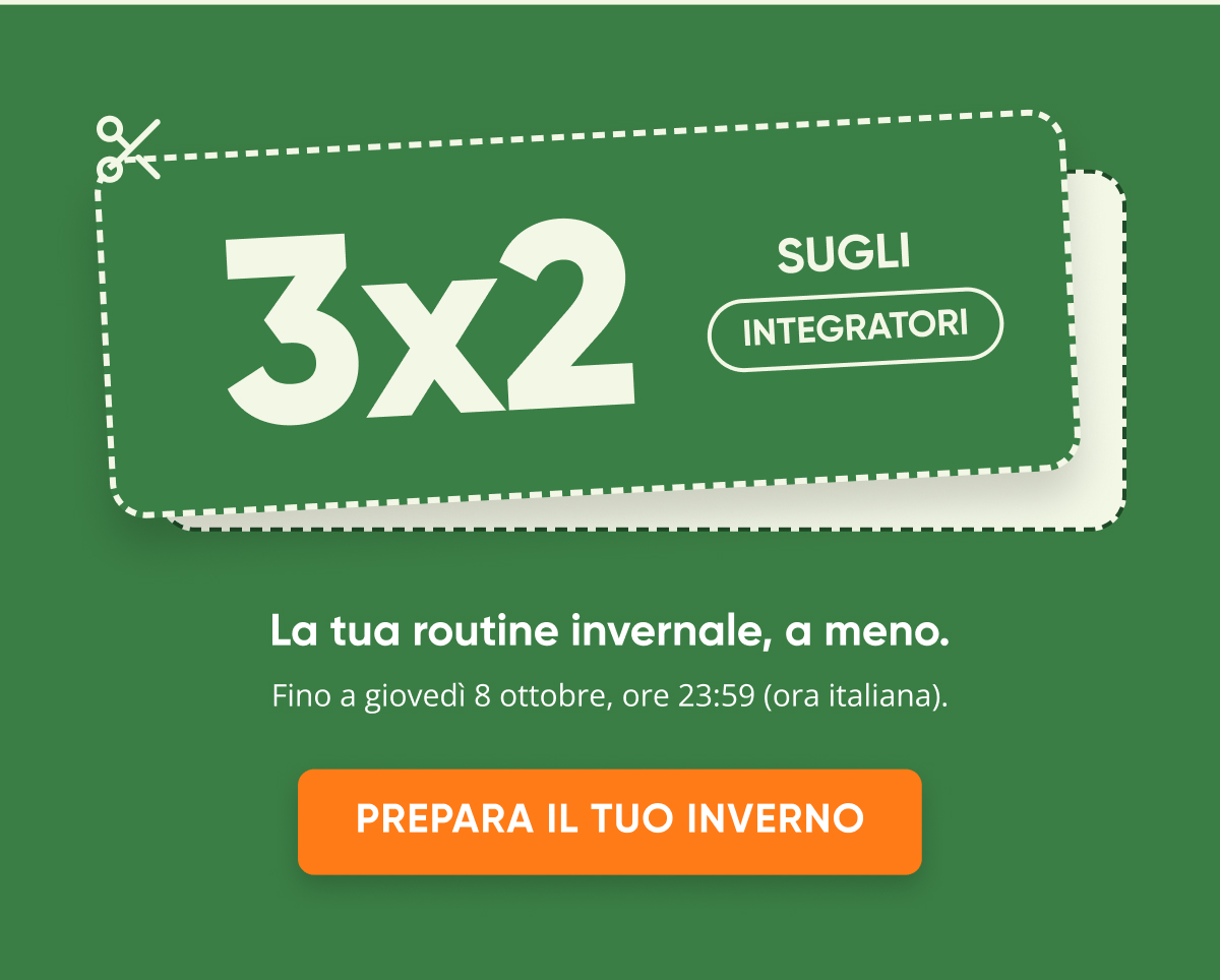 3x2 Sugli integratori La tua routine invernale, a meno. Fino a giovedì 8 ottobre, ore 23:59 (ora italiana). Prepara il tuo inverno