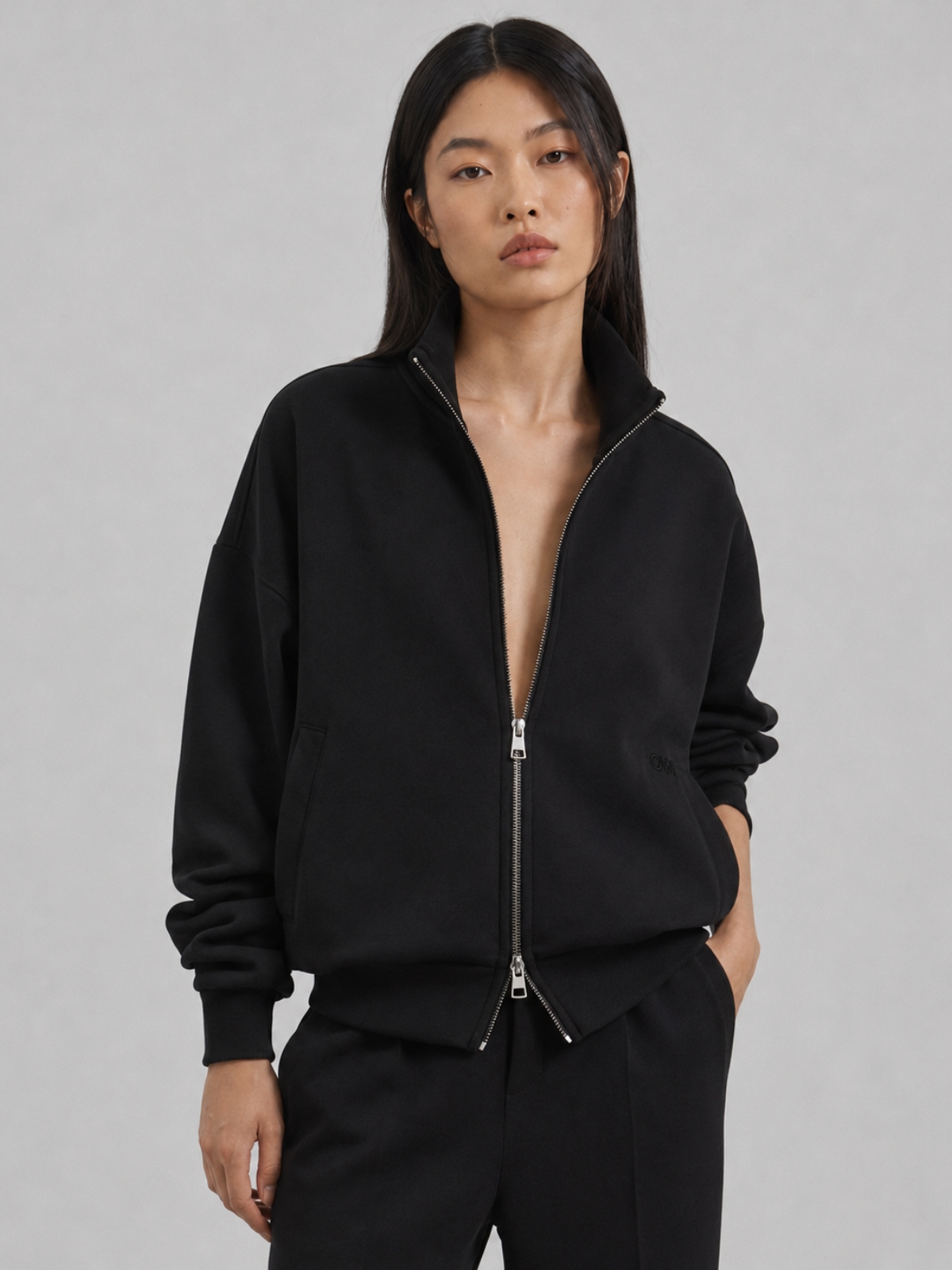 Felpa Collo Lupetto con Zip in Interlock Black