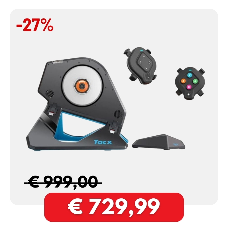 Tacx indoor smart turbo trainer with two remote controllers and 27% off price badge showing €729,99 (was €999,00)