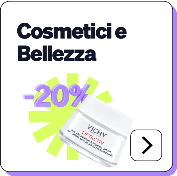 Promotional banner: Vichy Liftactiv anti-wrinkle cream jar with purple '-20%' discount and 'Cosmetici e Bellezza' heading