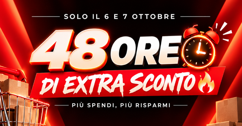 Promotional banner: 48-hour extra discount sale (6–7 October) with alarm clock, shopping cart and boxes on red background