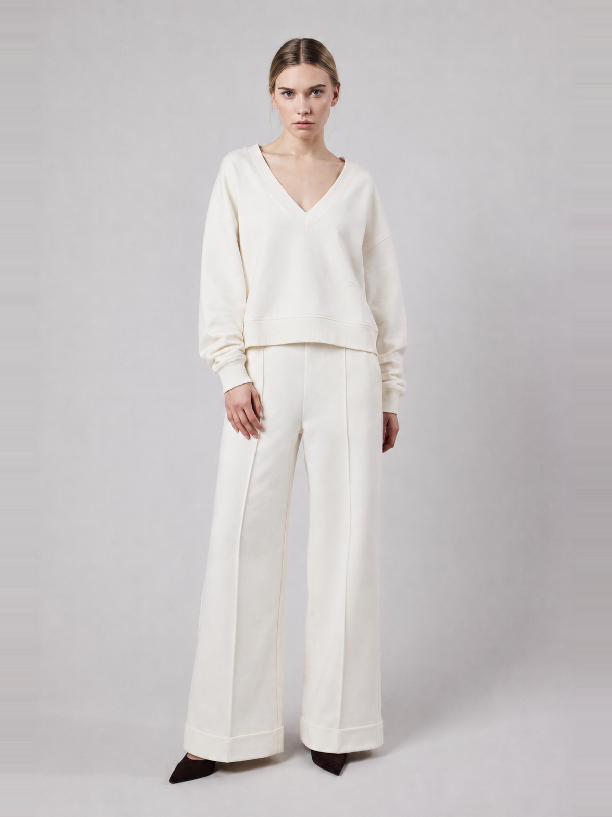 Pantalone Palazzo con Risvolto in Interlock Off White