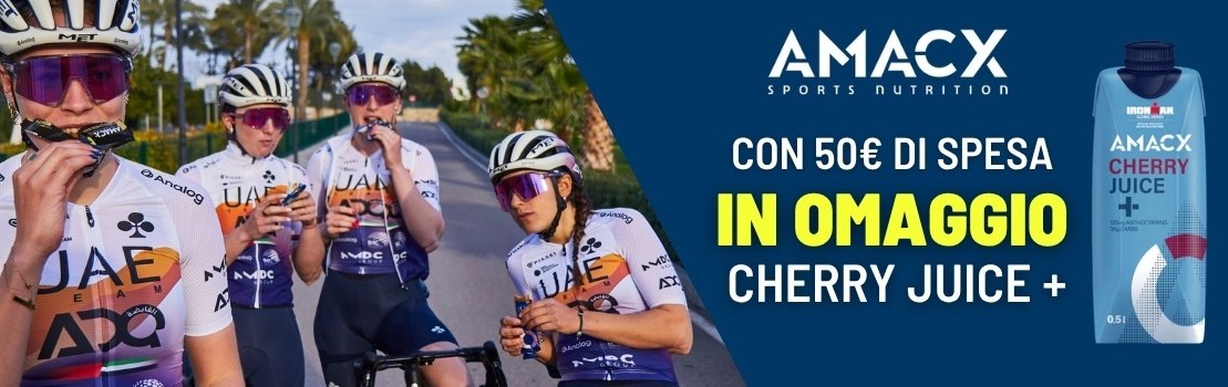 Four cyclists in UAE team kit eating energy gels by their bikes, promotional banner offering free AMACX cherry juice with €50 spend and product image