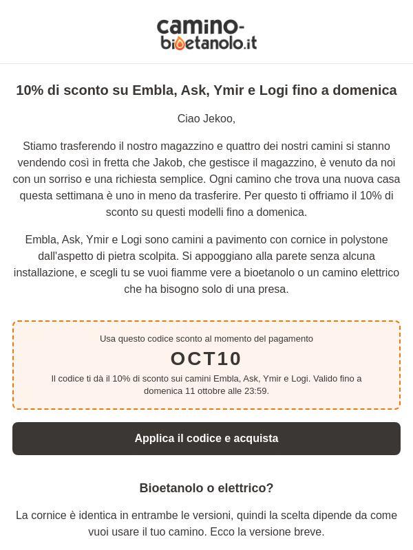 10% di sconto su quattro dei nostri camini più venduti fino a domenica