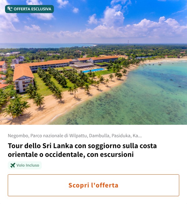 Tour dello Sri Lanka con soggiorno sulla costa orientale o occidentale, con escursioni