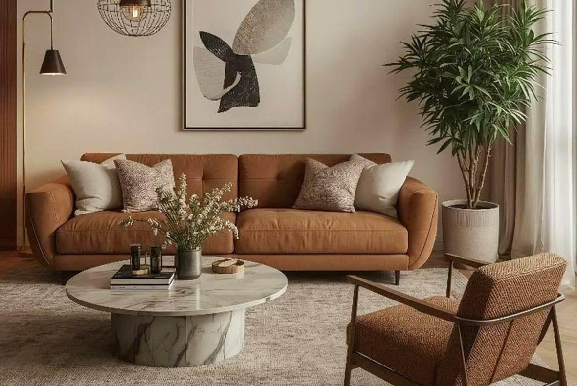 Modern cosy living room with tan leather sofa, marble coffee table, armchair, large potted plant and abstract wall art