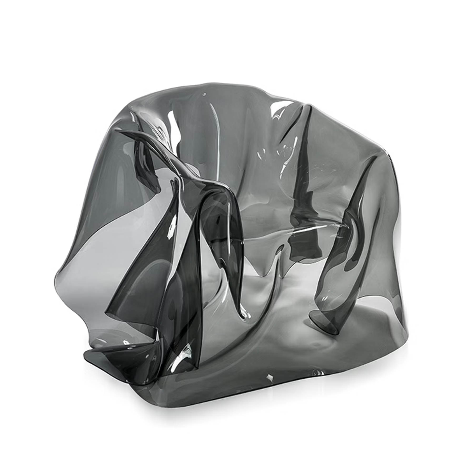 Smoked acrylic sculptural armchair like a crumpled transparent sheet — modern designer lounge chair