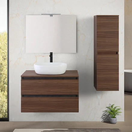 Mobile Bagno Sospeso con Lavabo da Appoggio e Specchio 2 Cassetti Salvaspazio in Legno cm 80 – Noce Canaletto